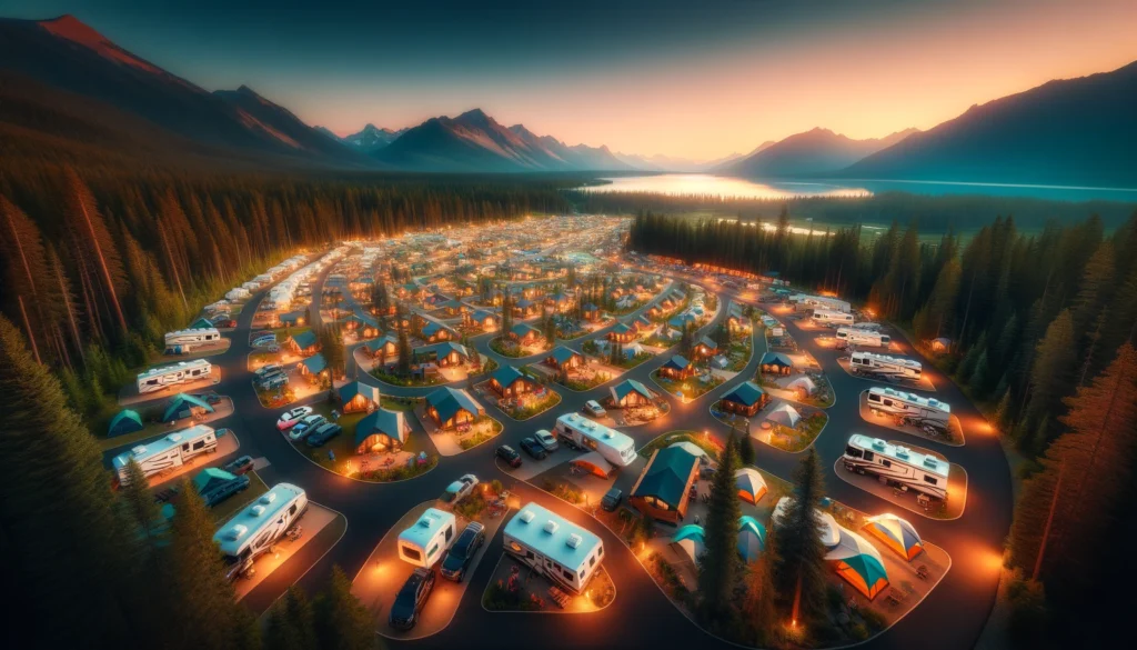 Panoramic view of a campground at twilight, featuring tents, RVs, and glamping units amidst stunning natural scenery, bathed in soft twilight glow.