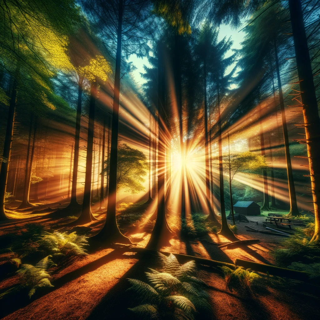 Forest scene with sunlight streaming through trees, demonstrating HDR technique with clear details in both light and shadow areas.
