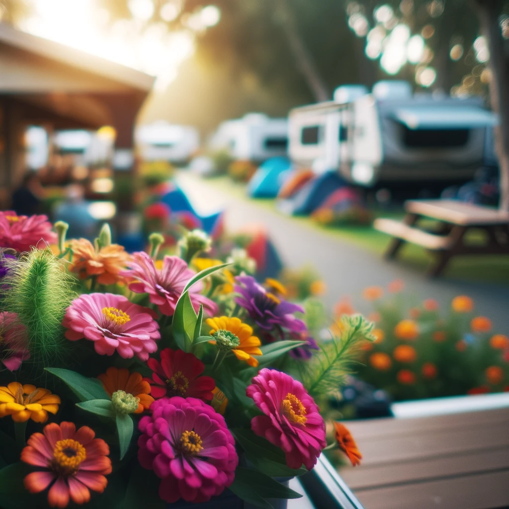 Close-up of vibrant, colorful flowers in a campground setting with a softly blurred background, showcasing natural flora.