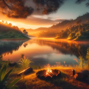 Serene lake view during golden hour with warm lighting, calm water reflecting the sky, surrounded by greenery and a campfire.